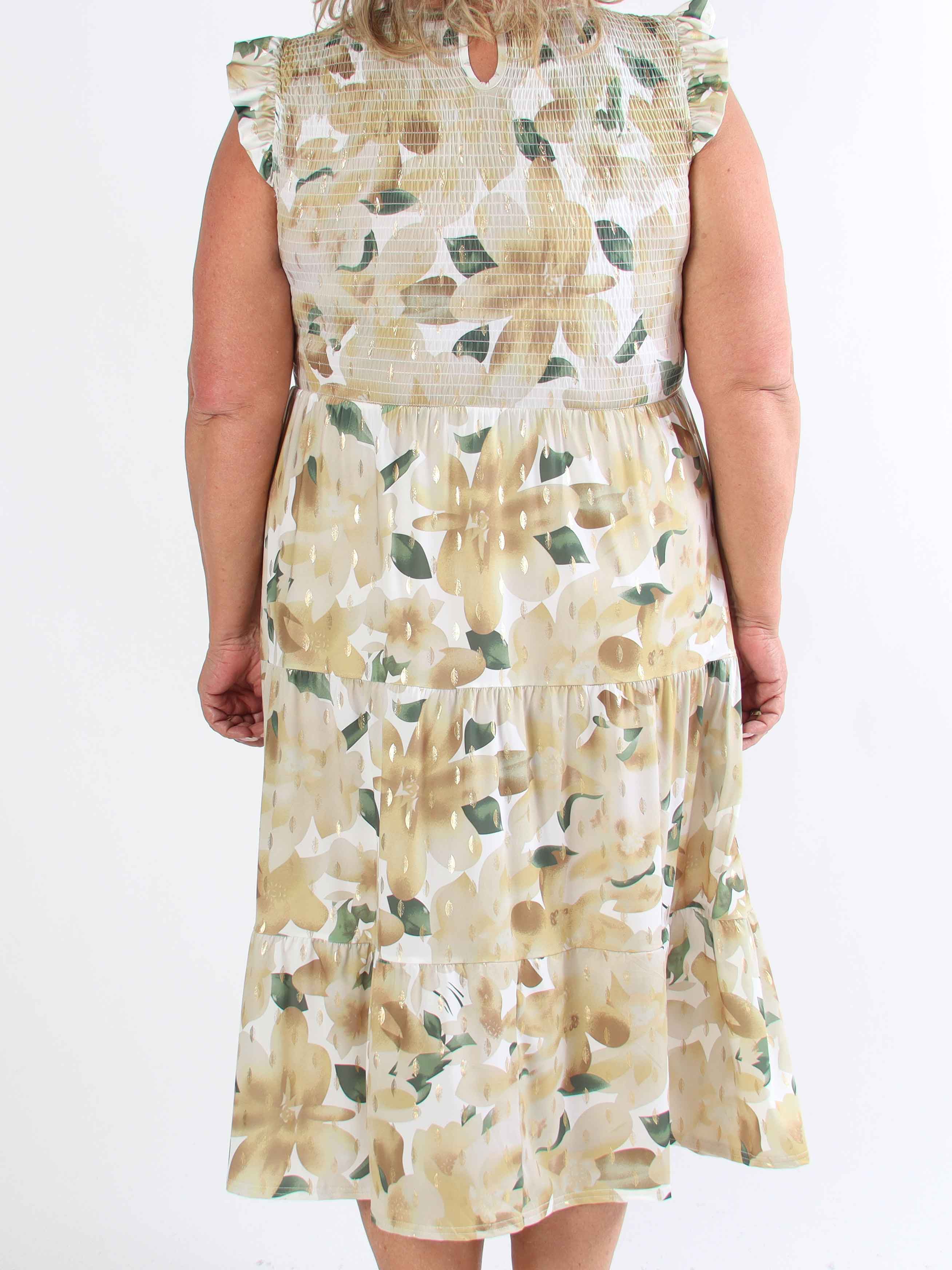 Kelly Floral Sleeveless - Blommig plus size-klänning med smockat bröst